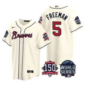 Men Atlanta Braves #5 Freddie Freeman 2021 Cream World Series With 150th Anniversary Patch Cool Base Stitched Jersey