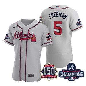 Men Atlanta Braves #5 Freddie Freeman 2021 Gray World Series Champions With 150th Anniversary Flex Base Stitched Jersey