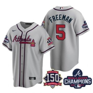 Men Atlanta Braves #5 Freddie Freeman 2021 Gray World Series Champions With 150th Anniversary Patch Cool Base Stitched Jersey