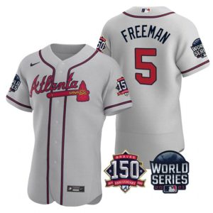 Men Atlanta Braves #5 Freddie Freeman 2021 Gray World Series Flex Base With 150th Anniversary Patch Stitched Baseball Jersey