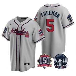 Men Atlanta Braves #5 Freddie Freeman 2021 Gray World Series With 150th Anniversary Patch Cool Base Stitched Jersey