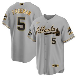 Men Atlanta Braves #5 Freddie Freeman 2021 Gray/Gold World Series Champions With 150th Anniversary Patch Cool Base Stitched Jersey