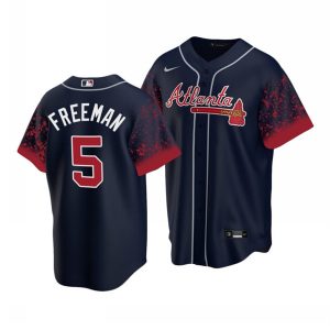 Men Atlanta Braves #5 Freddie Freeman 2021 Navy Cool Base Stitched Jersey