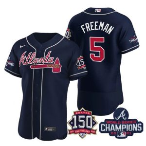 Men Atlanta Braves #5 Freddie Freeman 2021 Navy World Series Champions With 150th Anniversary Flex Base Stitched Jersey