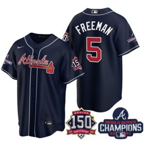 Men Atlanta Braves #5 Freddie Freeman 2021 Navy World Series Champions With 150th Anniversary Patch Cool Base Stitched Jersey