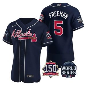 Men Atlanta Braves #5 Freddie Freeman 2021 Navy World Series Flex Base With 150th Anniversary Patch Stitched Baseball Jersey