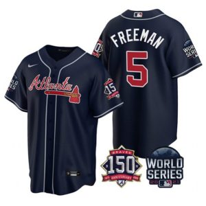 Men Atlanta Braves #5 Freddie Freeman 2021 Navy World Series With 150th Anniversary Patch Cool Base Stitched Jersey