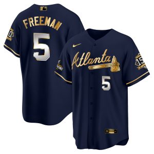 Men Atlanta Braves #5 Freddie Freeman 2021 Navy/Gold World Series Champions With 150th Anniversary Patch Cool Base Stitched Jersey