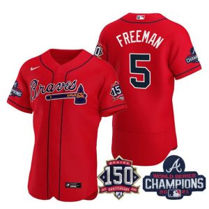 Men Atlanta Braves #5 Freddie Freeman 2021 Red World Series Champions With 150th Anniversary Flex Base Stitched Jersey