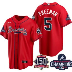 Men Atlanta Braves #5 Freddie Freeman 2021 Red World Series Champions With 150th Anniversary Patch Cool Base Stitched Jersey