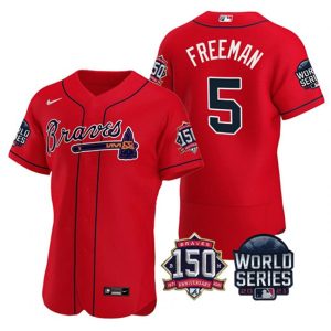 Men Atlanta Braves #5 Freddie Freeman 2021 Red World Series Flex Base With 150th Anniversary Patch Stitched Baseball Jersey