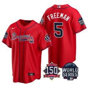 Men Atlanta Braves #5 Freddie Freeman 2021 Red World Series With 150th Anniversary Patch Cool Base Stitched Jersey