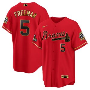 Men Atlanta Braves #5 Freddie Freeman 2021 Red/Gold World Series Champions With 150th Anniversary Patch Cool Base Stitched Jersey