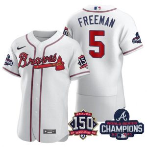 Men Atlanta Braves #5 Freddie Freeman 2021 White World Series Champions With 150th Anniversary Flex Base Stitched Jersey