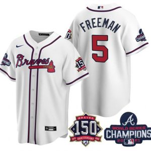 Men Atlanta Braves #5 Freddie Freeman 2021 White World Series Champions With 150th Anniversary Patch Cool Base Stitched Jersey