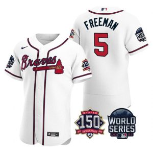 Men Atlanta Braves #5 Freddie Freeman 2021 White World Series Flex Base With 150th Anniversary Patch Stitched Baseball Jersey