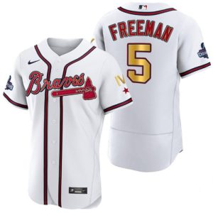 Men Atlanta Braves #5 Freddie Freeman White Gold World Series Champions Flex Base Stitched Jersey