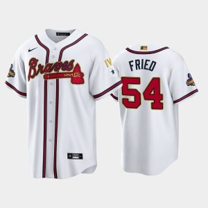 Men Atlanta Braves #54 Max Fried 2022 White/Gold World Series Champions Program Cool Base Stitched Baseball Jersey