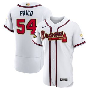 Men Atlanta Braves #54 Max Fried 2022 White/Gold World Series Champions Program Flex Base Stitched Baseball Jersey