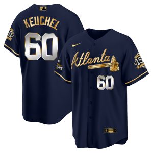 Men Atlanta Braves #60 Dallas Keuchel 2021 Navy/Gold World Series Champions With 150th Anniversary Patch Cool Base Stitched Jersey