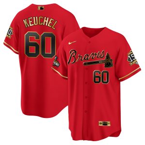 Men Atlanta Braves #60 Dallas Keuchel 2021 Red/Gold World Series Champions With 150th Anniversary Patch Cool Base Stitched Jersey