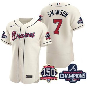 Men Atlanta Braves #7 Dansby Swanson 2021 Cream World Series Champions With 150th Anniversary Flex Base Stitched Jersey