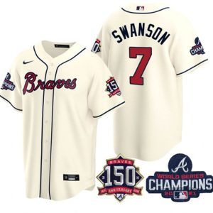 Men Atlanta Braves #7 Dansby Swanson 2021 Cream World Series Champions With 150th Anniversary Patch Cool Base Stitched Jersey