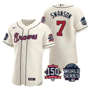 Men Atlanta Braves #7 Dansby Swanson 2021 Cream World Series Flex Base With 150th Anniversary Patch Stitched Baseball Jersey