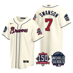 Men Atlanta Braves #7 Dansby Swanson 2021 Cream World Series With 150th Anniversary Patch Cool Base Stitched Jersey