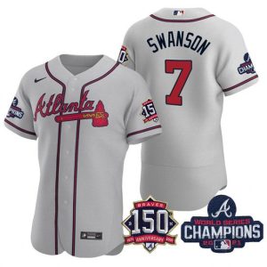 Men Atlanta Braves #7 Dansby Swanson 2021 Gray World Series Champions With 150th Anniversary Flex Base Stitched Jersey