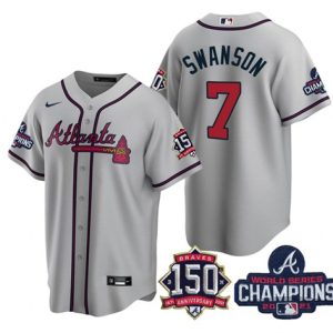 Men Atlanta Braves #7 Dansby Swanson 2021 Gray World Series Champions With 150th Anniversary Patch Cool Base Stitched Jersey