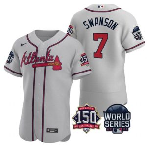 Men Atlanta Braves #7 Dansby Swanson 2021 Gray World Series Flex Base With 150th Anniversary Patch Stitched Baseball Jersey