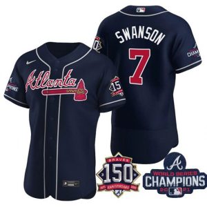 Men Atlanta Braves #7 Dansby Swanson 2021 Navy World Series Champions With 150th Anniversary Flex Base Stitched Jersey