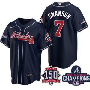 Men Atlanta Braves #7 Dansby Swanson 2021 Navy World Series Champions With 150th Anniversary Patch Cool Base Stitched Jersey