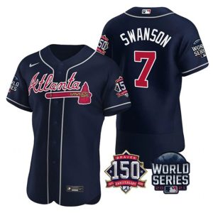 Men Atlanta Braves #7 Dansby Swanson 2021 Navy World Series Flex Base With 150th Anniversary Patch Stitched Baseball Jersey