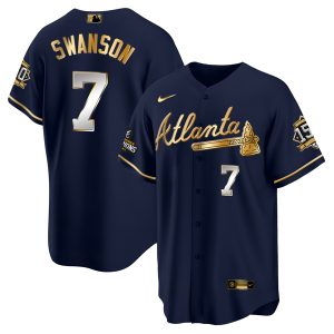 Men Atlanta Braves #7 Dansby Swanson 2021 Navy/Gold World Series Champions With 150th Anniversary Patch Cool Base Stitched Jersey