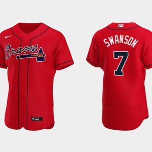 Men Atlanta Braves #7 Dansby Swanson 2021 Red World Series Champions Stitched Baseball Jersey