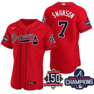 Men Atlanta Braves #7 Dansby Swanson 2021 Red World Series Champions With 150th Anniversary Flex Base Stitched Jersey