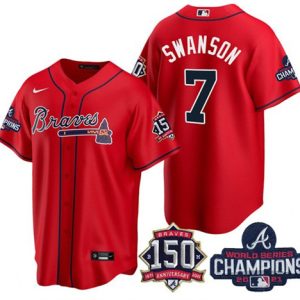 Men Atlanta Braves #7 Dansby Swanson 2021 Red World Series Champions With 150th Anniversary Patch Cool Base Stitched Jersey