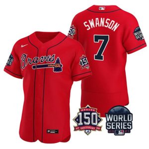 Men Atlanta Braves #7 Dansby Swanson 2021 Red World Series Flex Base With 150th Anniversary Patch Stitched Baseball Jersey