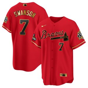 Men Atlanta Braves #7 Dansby Swanson 2021 Red/Gold World Series Champions With 150th Anniversary Patch Cool Base Stitched Jersey