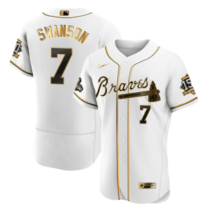 Men Atlanta Braves #7 Dansby Swanson 2021 White Gold World Series Champions With 150th Anniversary Flex Base Stitched Jersey