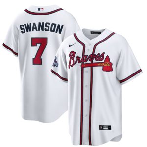 Men Atlanta Braves #7 Dansby Swanson 2021 White World Series Champions Cool Base Stitched Jersey