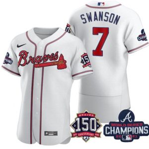 Men Atlanta Braves #7 Dansby Swanson 2021 White World Series Champions With 150th Anniversary Flex Base Stitched Jersey