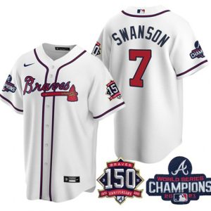 Men Atlanta Braves #7 Dansby Swanson 2021 White World Series Champions With 150th Anniversary Patch Cool Base Stitched Jersey