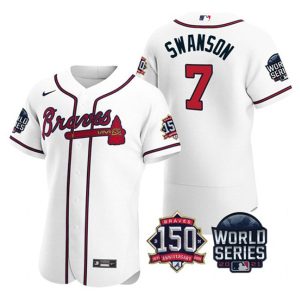 Men Atlanta Braves #7 Dansby Swanson 2021 White World Series Flex Base With 150th Anniversary Patch Stitched Baseball Jersey