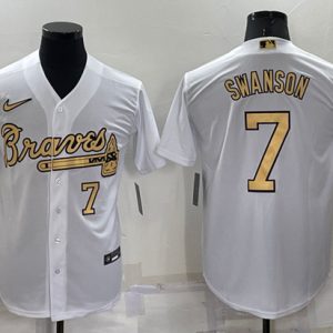 Men Atlanta Braves #7 Dansby Swanson 2022 All-Star White Cool Base Stitched Baseball Jersey