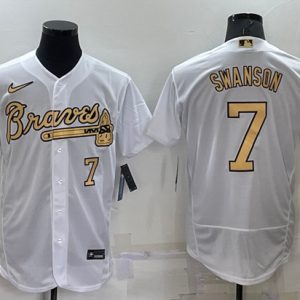 Men Atlanta Braves #7 Dansby Swanson 2022 All-Star White Flex Base Stitched Baseball Jersey