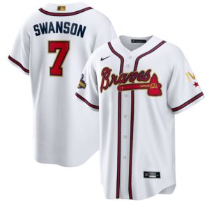 Men Atlanta Braves #7 Dansby Swanson 2022 White/Gold World Series Champions Program Cool Base Stitched Baseball Jersey