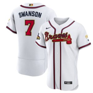 Men Atlanta Braves #7 Dansby Swanson 2022 White/Gold World Series Champions Program Flex Base Stitched Baseball Jersey